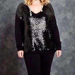 Michel Studio Black Open Knit Sequin V-Neck Sweater